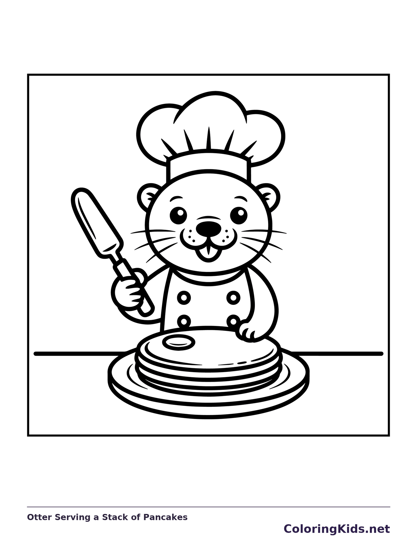 Black and white printable otter serving a stack of pancakes coloring sheet