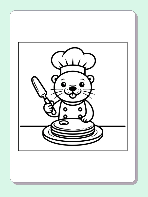 Black and white printable otter serving a stack of pancakes coloring sheet
