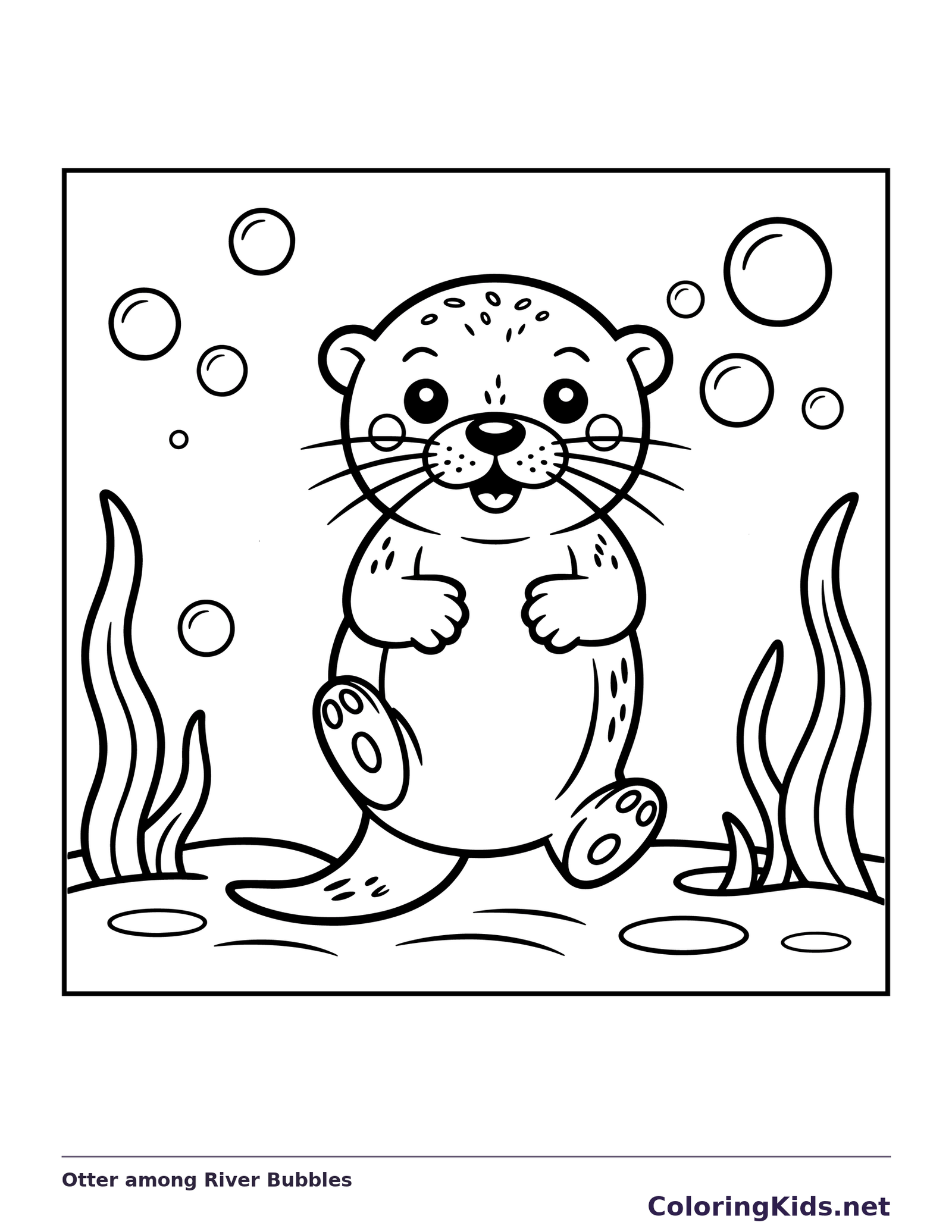 Black and white otter among river bubbles and reeds coloring sheet