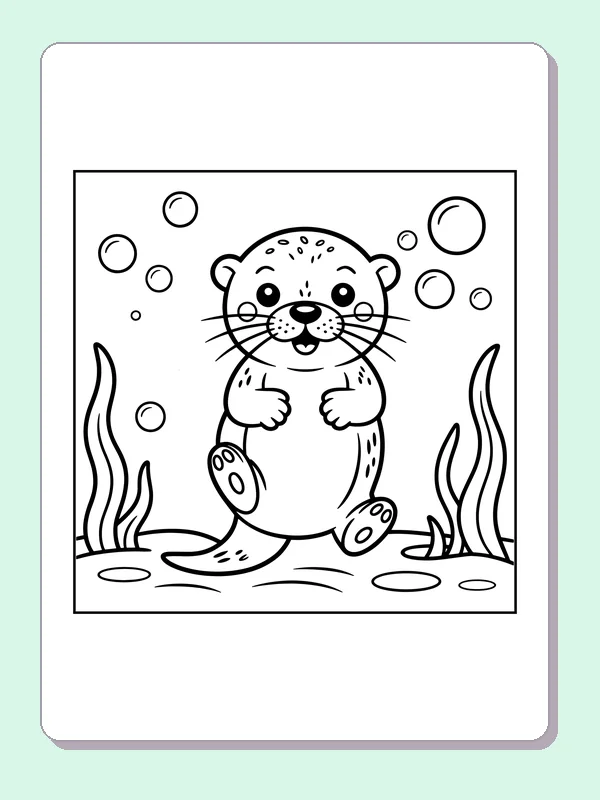 Black and white otter among river bubbles and reeds coloring sheet