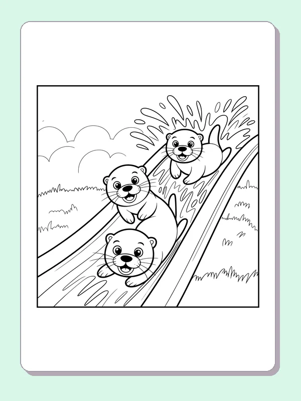 Black and white printable otters sliding down a riverbank coloring sheet