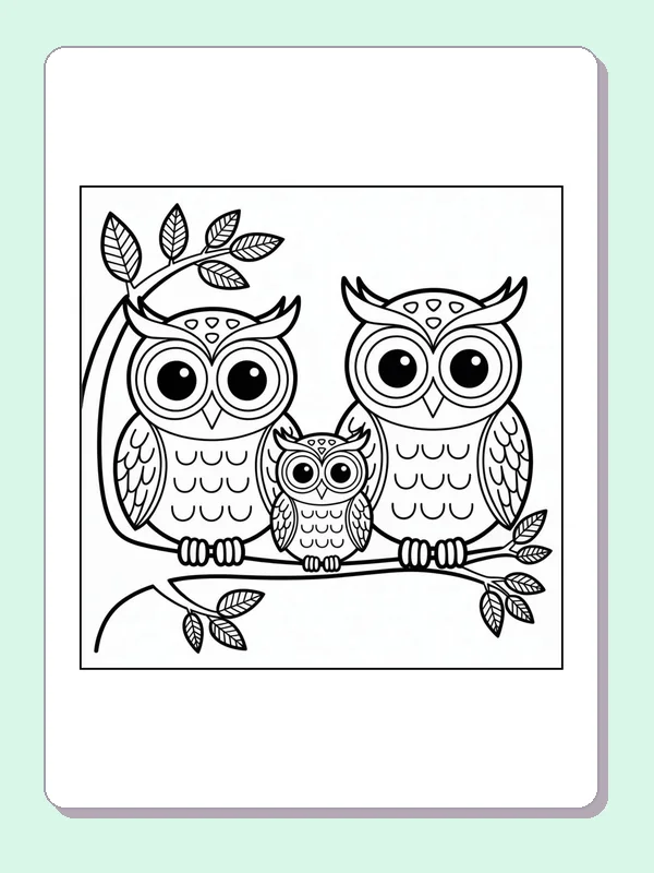 Black and white printable owl family together on a branch coloring sheet
