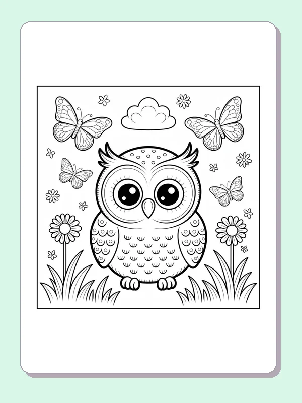 Black and white printable owl in a butterfly garden coloring sheet