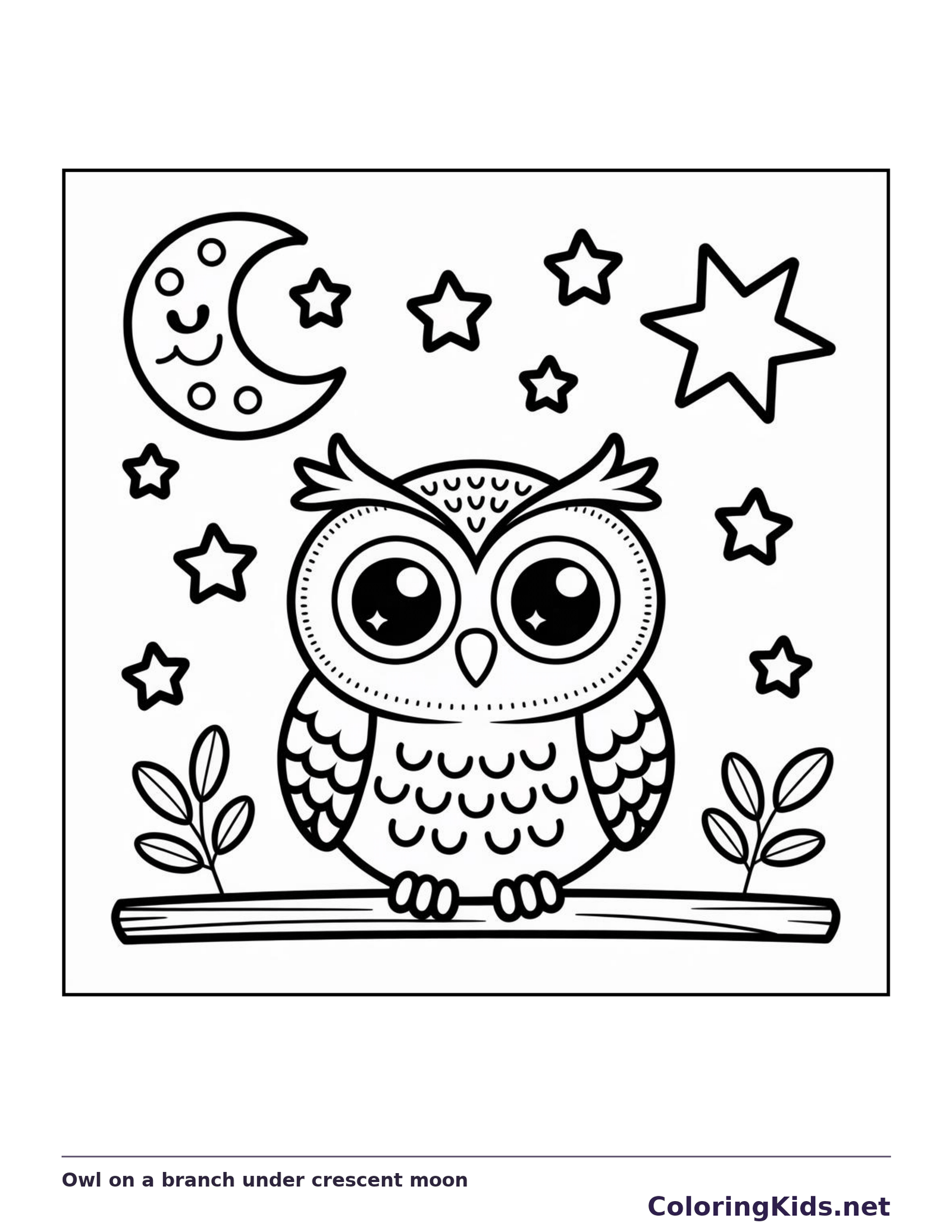 Black and white printable owl on a branch under crescent moon coloring sheet