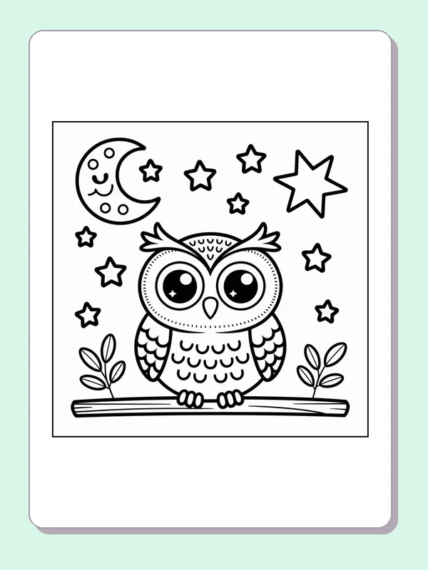 Black and white printable owl on a branch under crescent moon coloring sheet