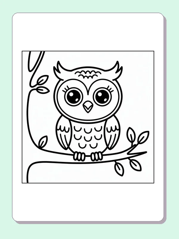 Black and white printable owl perched on a curving twig coloring sheet