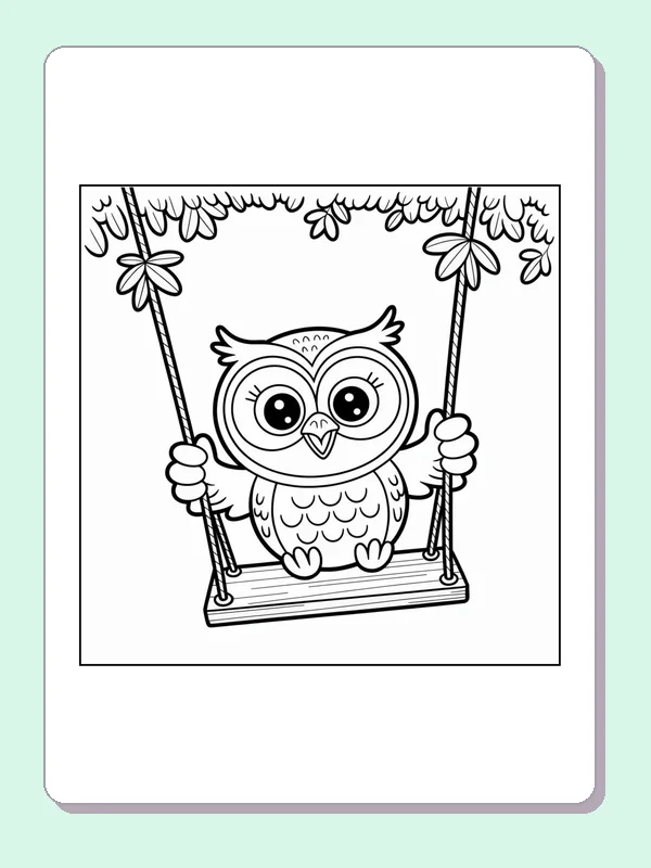 Black and white printable owl riding a woodland swing coloring sheet