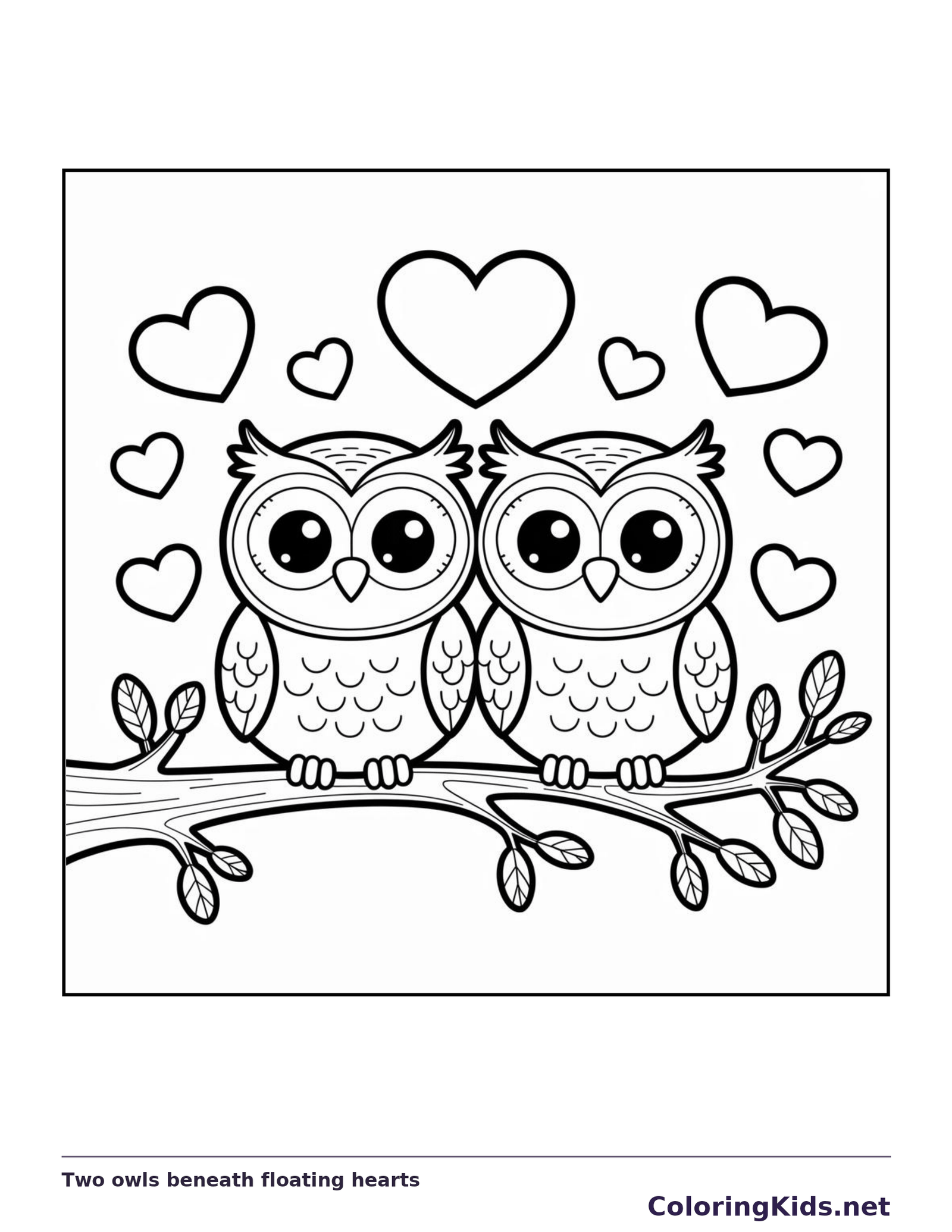 Black and white printable two owls beneath floating hearts coloring sheet
