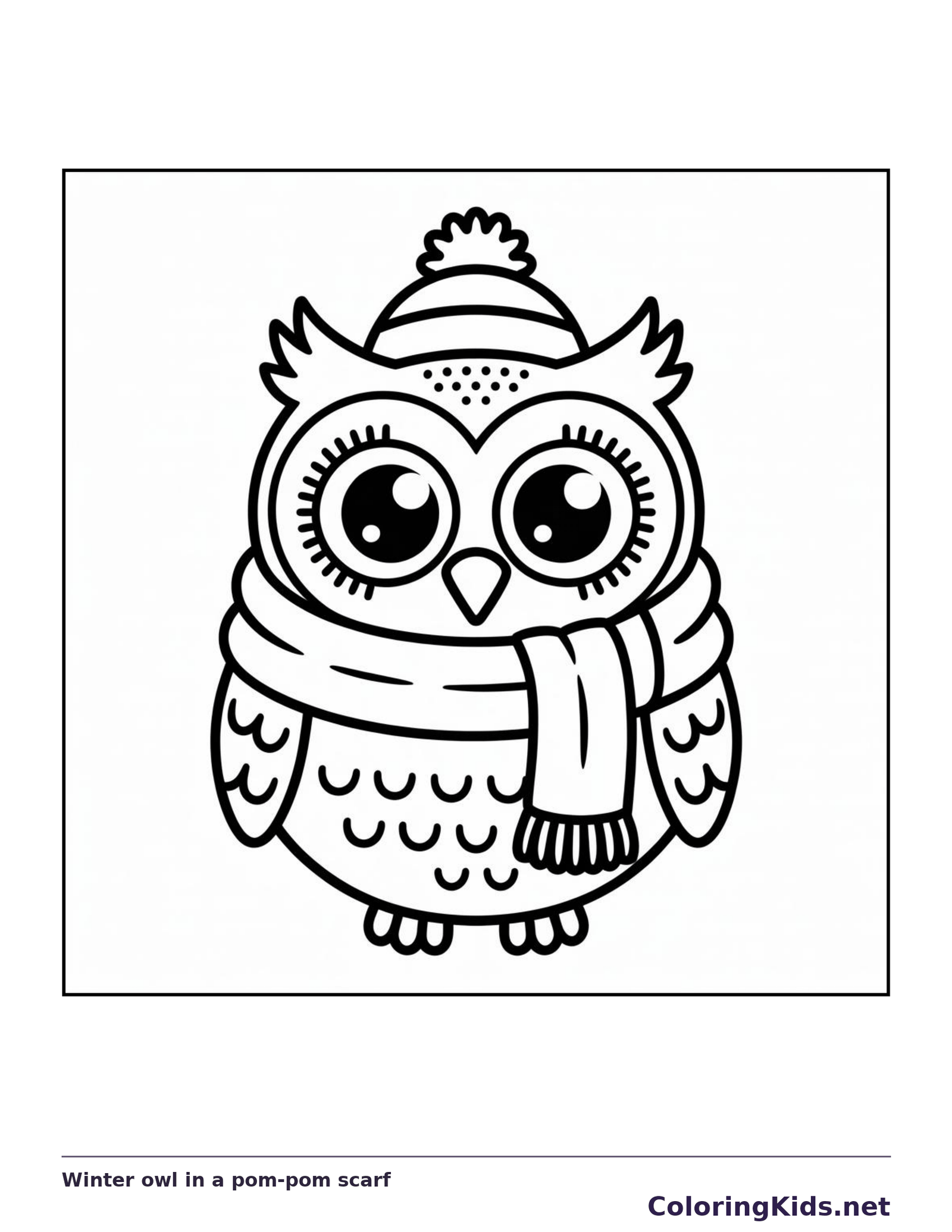 Black and white printable winter owl in a pom-pom scarf coloring sheet