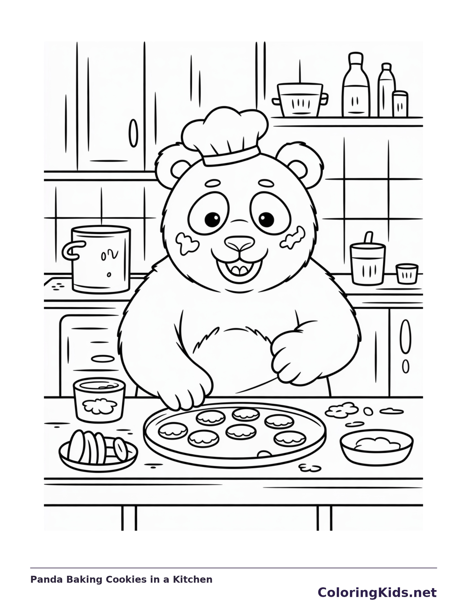 panda in a chef hat baking cookies beside kitchen shelves