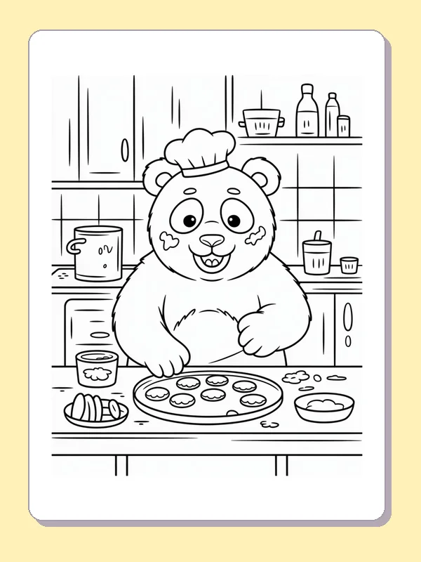 panda in a chef hat baking cookies beside kitchen shelves