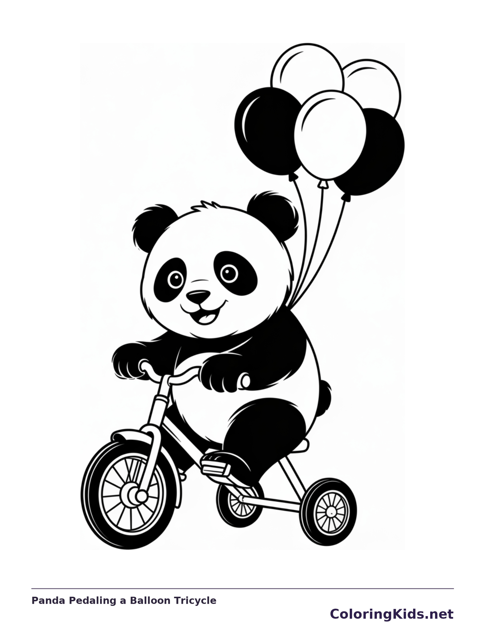 panda pedaling a tricycle beneath a bunch of balloons