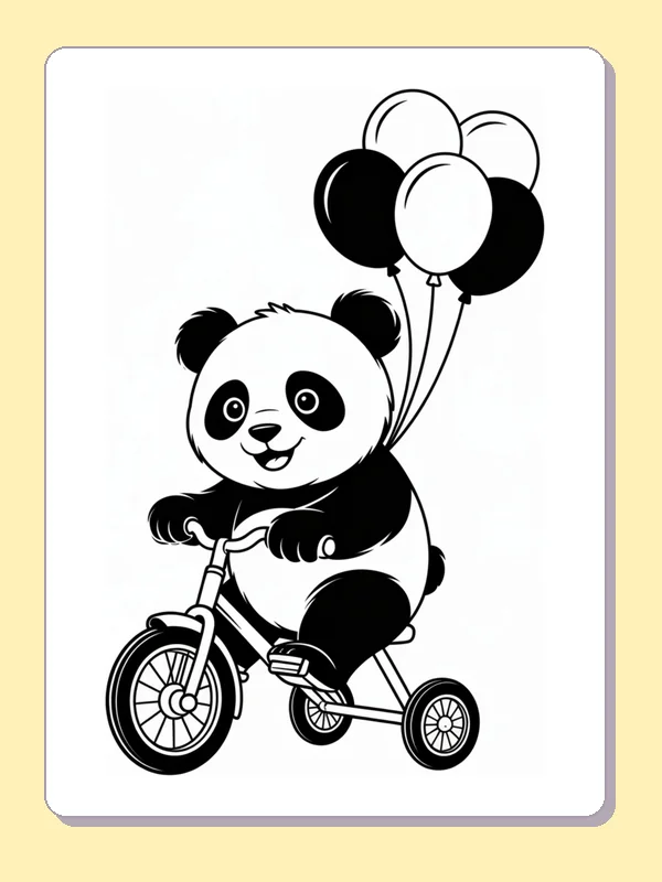 panda pedaling a tricycle beneath a bunch of balloons