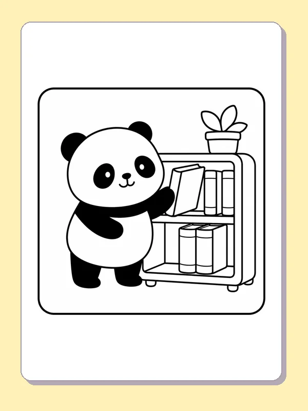 Black and white printable drawing of panda choosing a book from a small library shelf