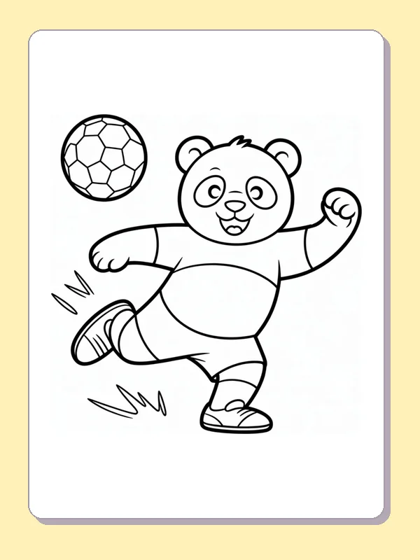 panda kicking a patterned soccer ball