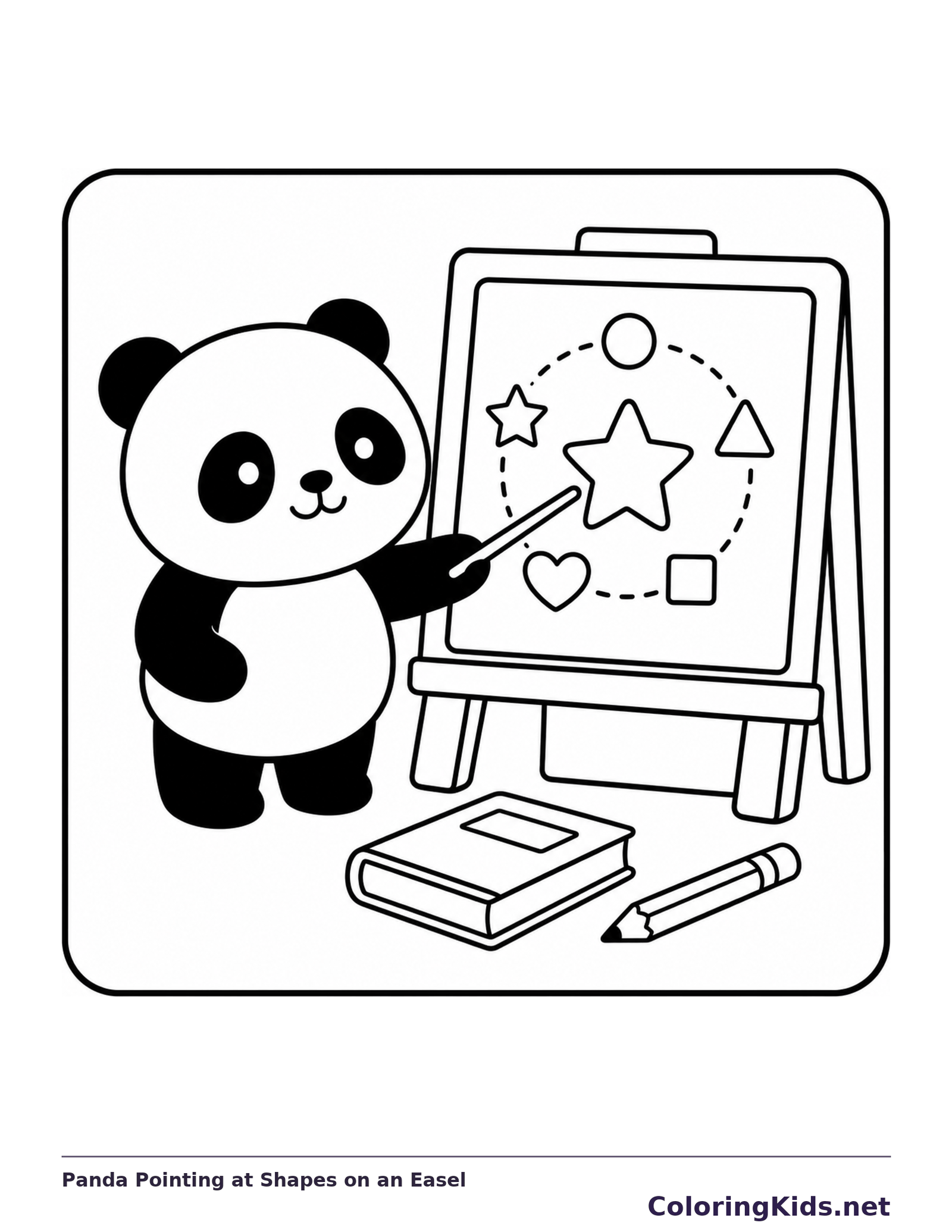 Black and white printable drawing of panda pointing to big shapes drawn on a classroom easel
