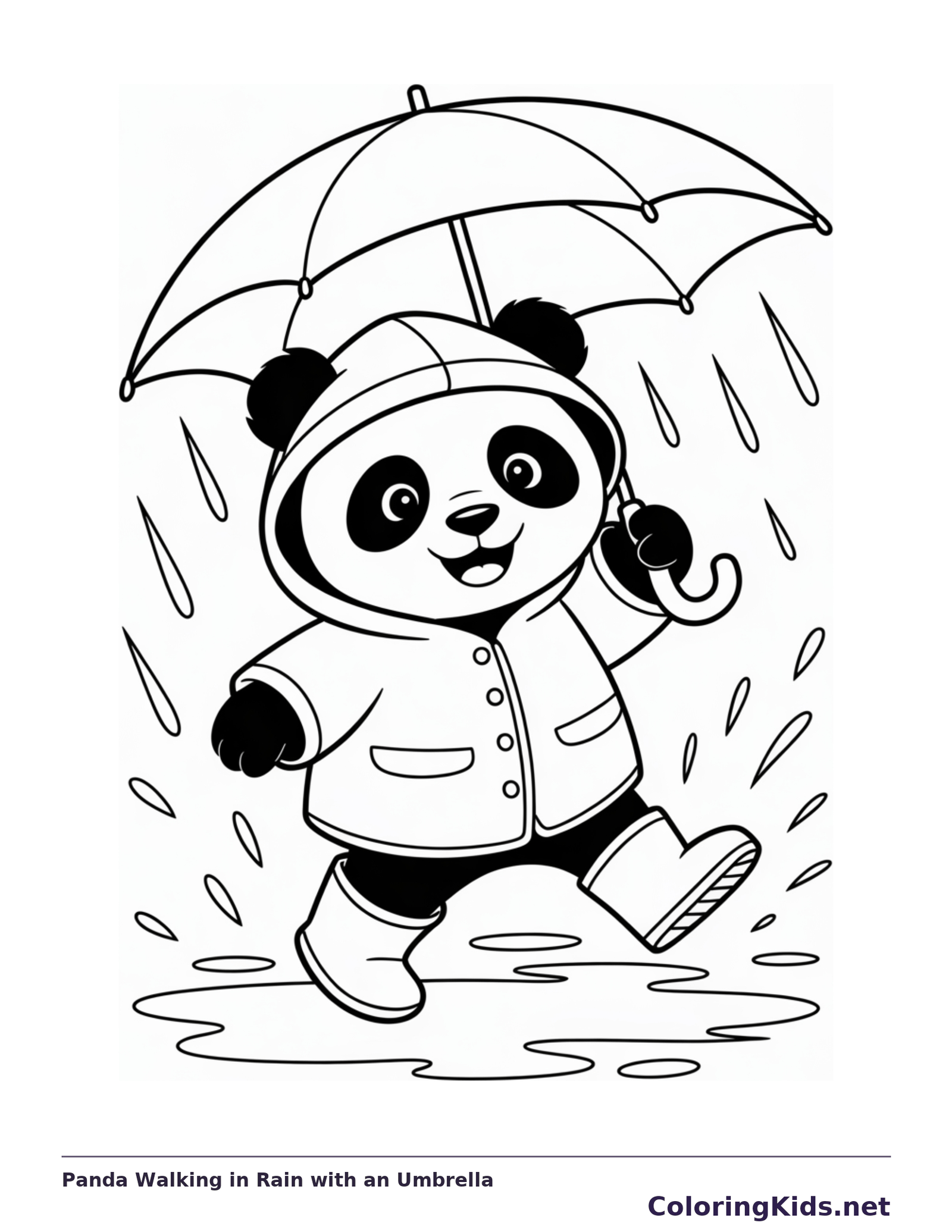 panda in a raincoat holding an umbrella above puddles