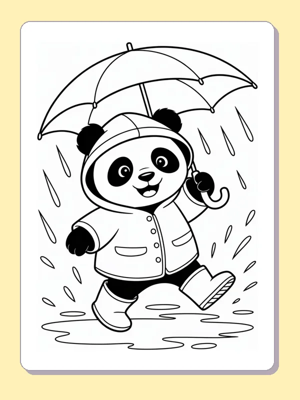 panda in a raincoat holding an umbrella above puddles