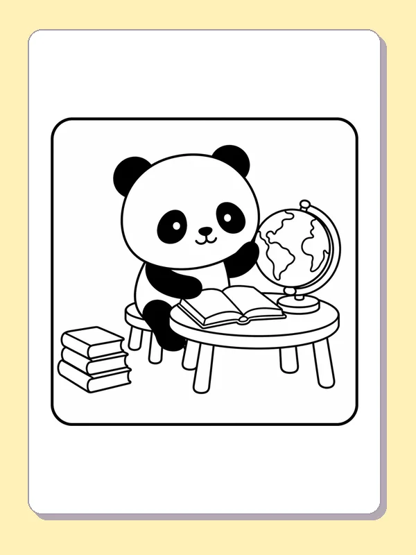 Black and white printable drawing of panda reading at a table beside a world globe