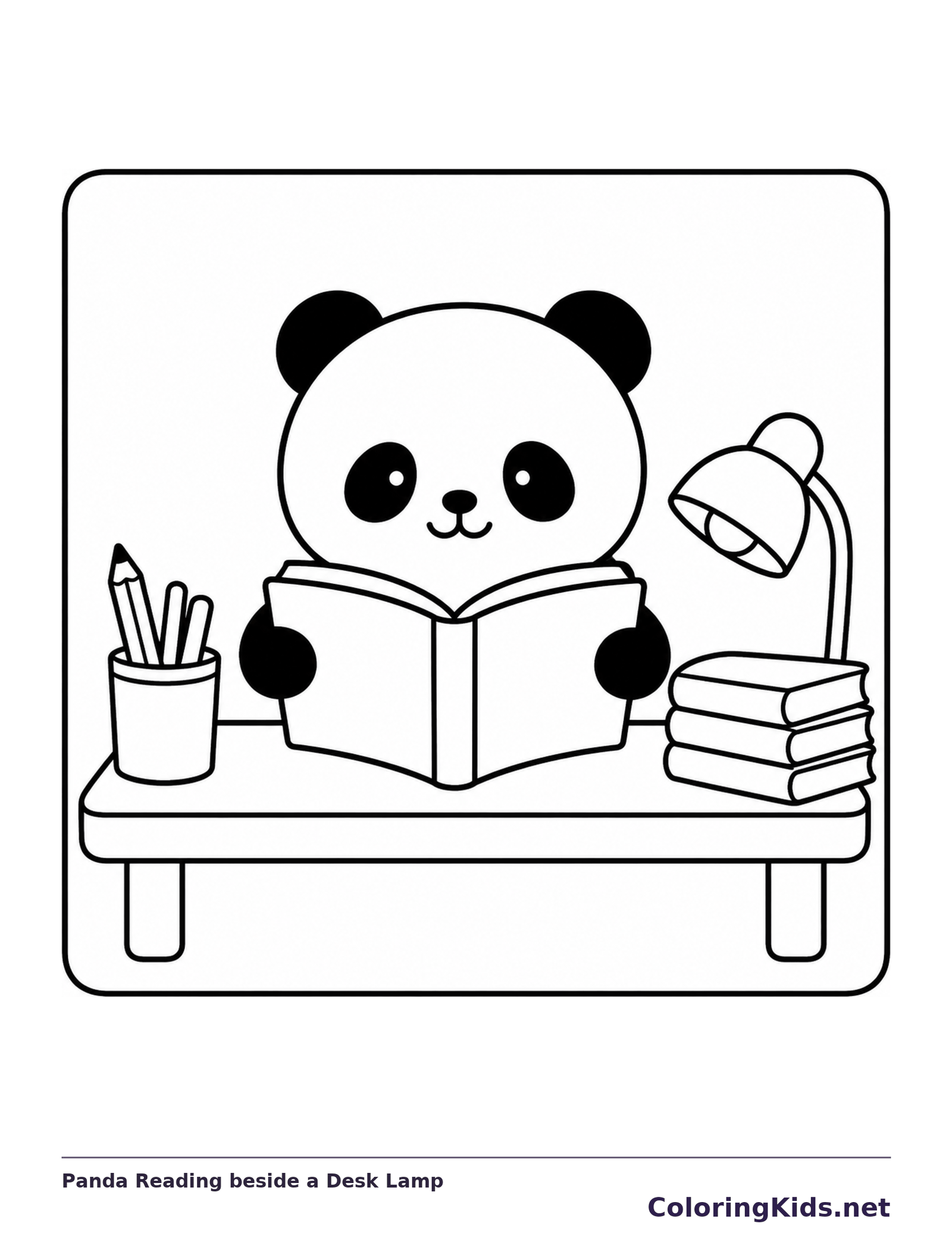 Black and white printable drawing of panda reading an open book at a desk with a lamp and pencils