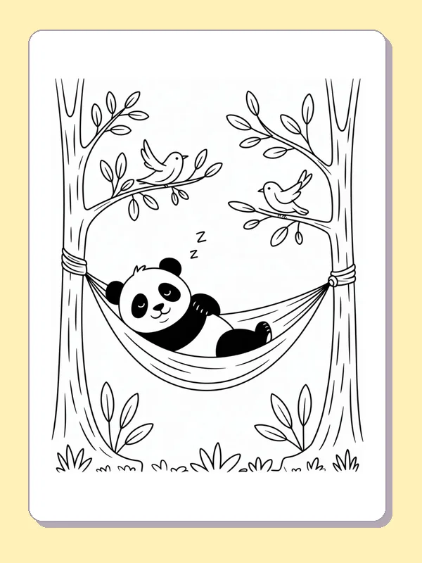 panda sleeping in a hammock between trees with birds nearby