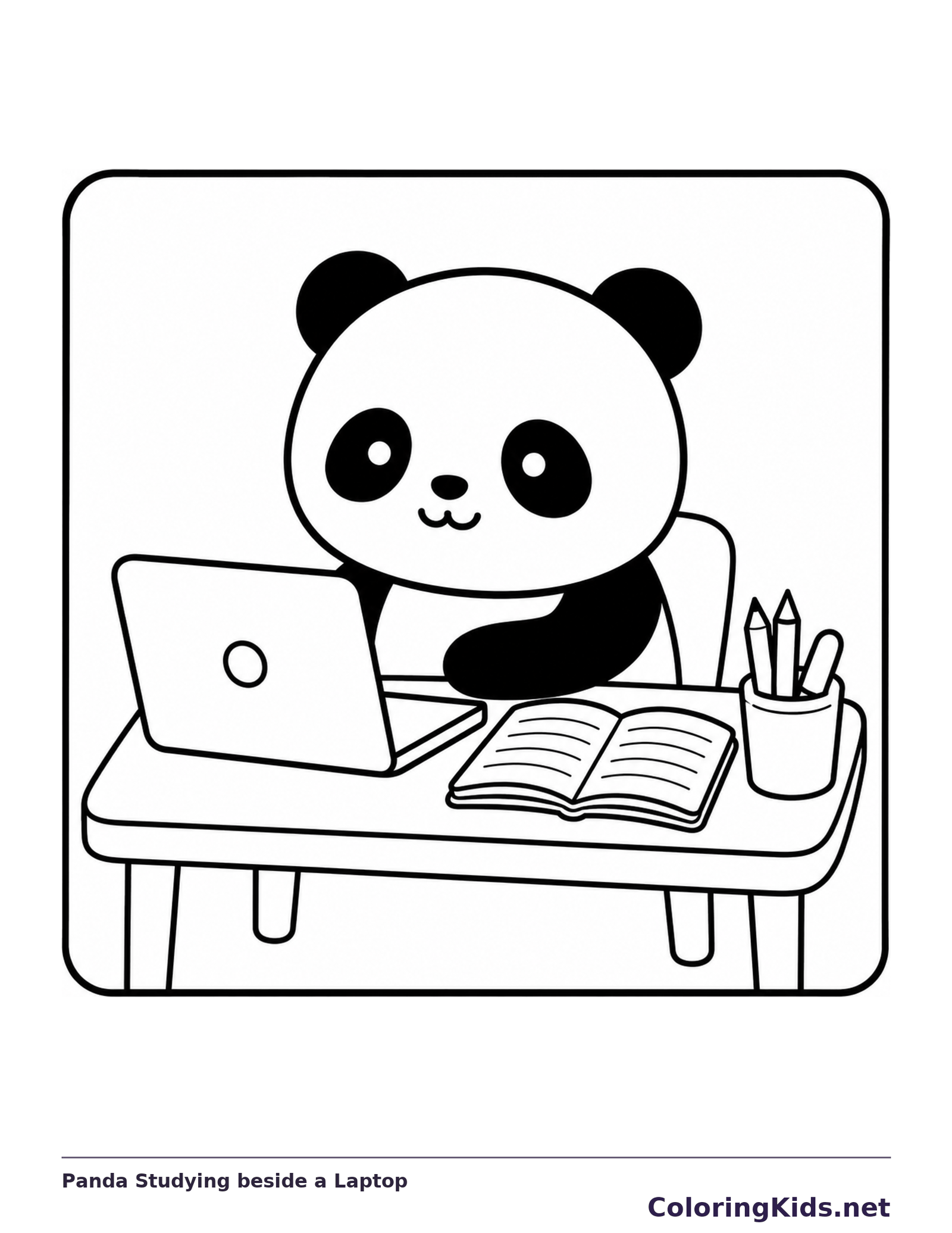 Black and white printable drawing of panda at a laptop desk with an open book and pencil cup