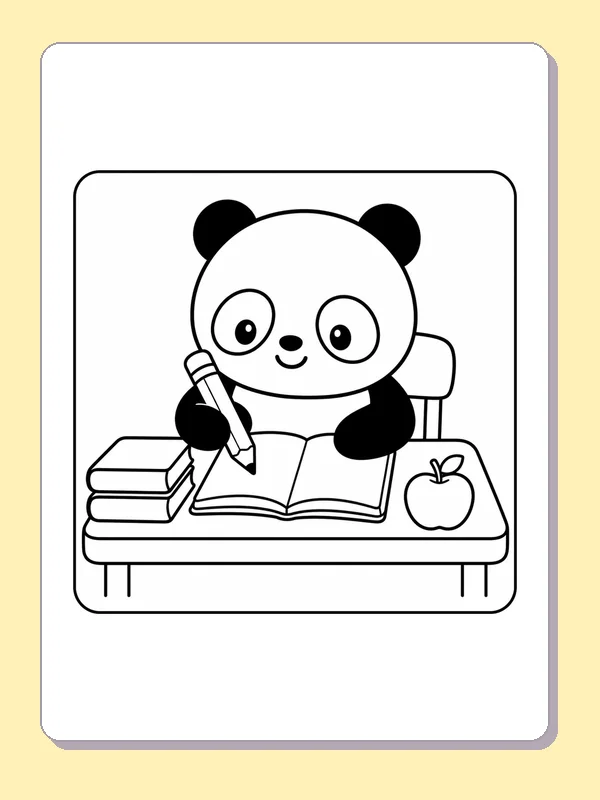 Black and white printable drawing of panda writing in a notebook with books and an apple nearby