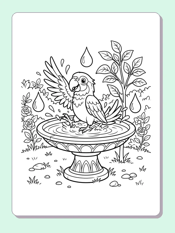Black and white printable parrot splashing in a birdbath coloring sheet
