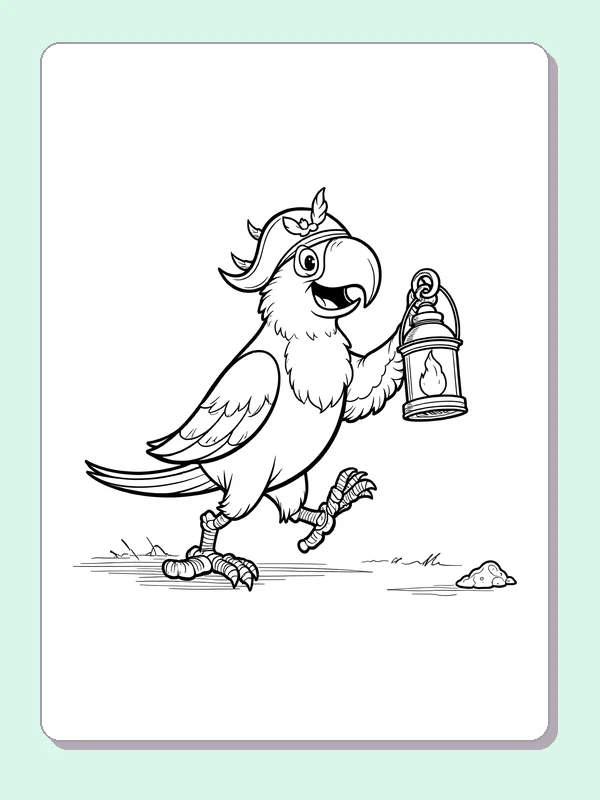 Black and white printable pirate parrot carrying a lantern coloring sheet