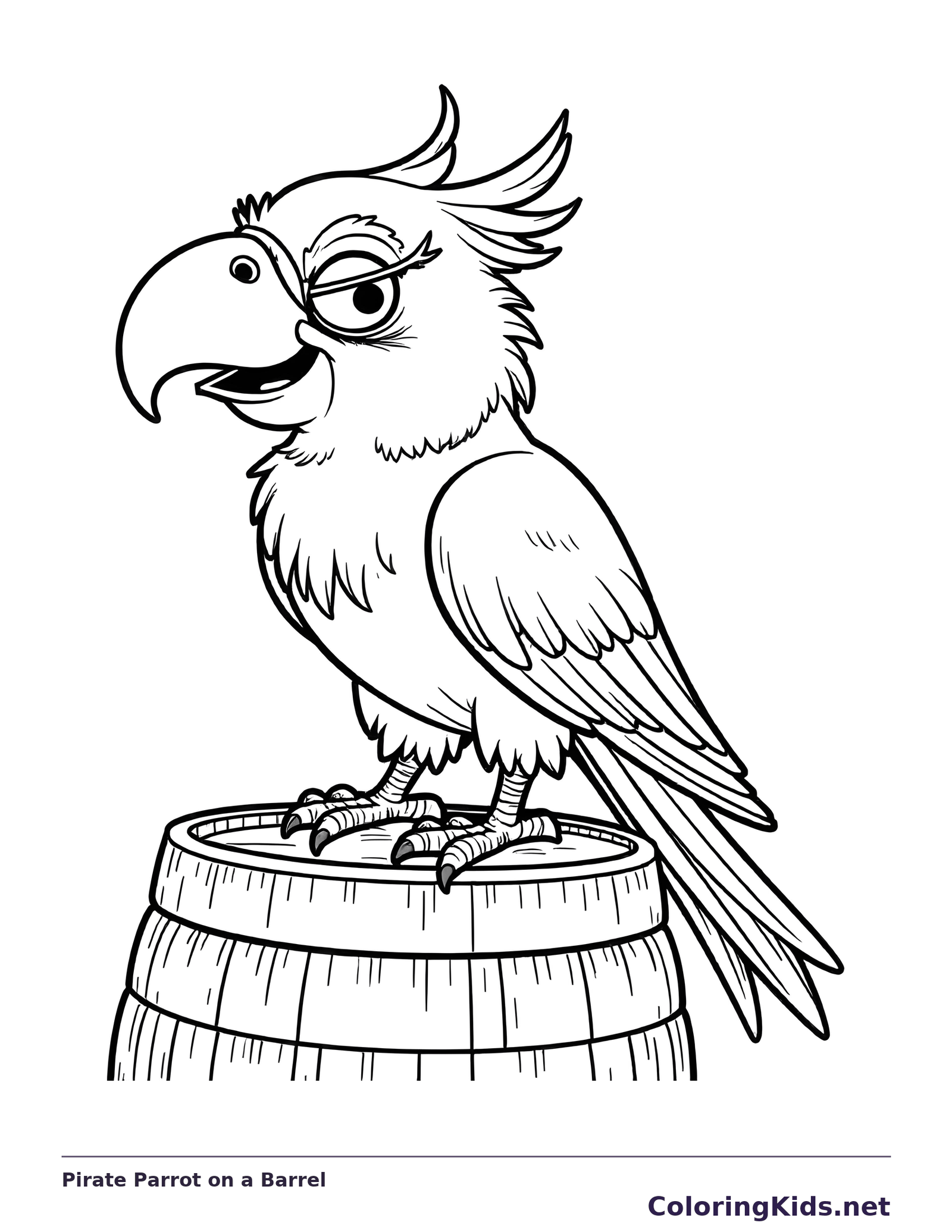 Black and white printable pirate parrot on a barrel coloring sheet