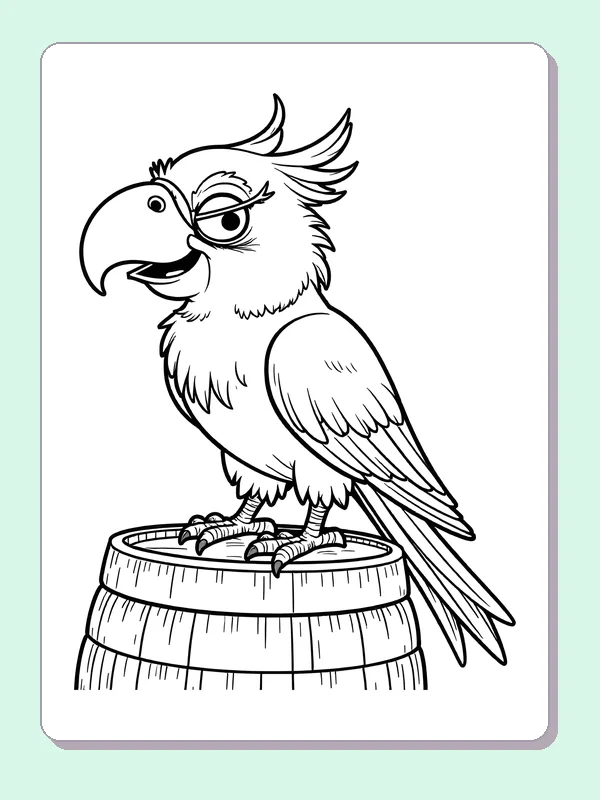 Black and white printable pirate parrot on a barrel coloring sheet