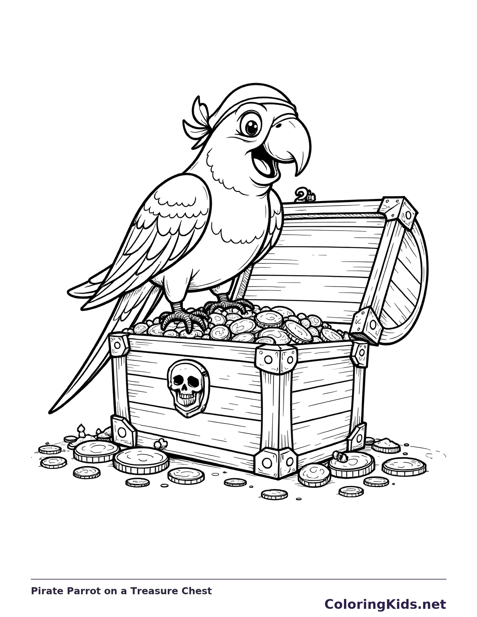 Black and white printable pirate parrot on a treasure chest coloring sheet