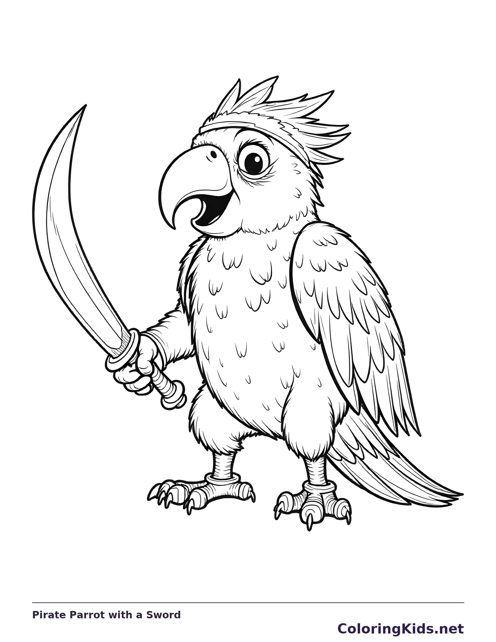 Black and white printable pirate parrot with a sword coloring sheet