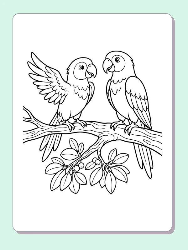 Black and white printable two parrots sharing a perch coloring sheet