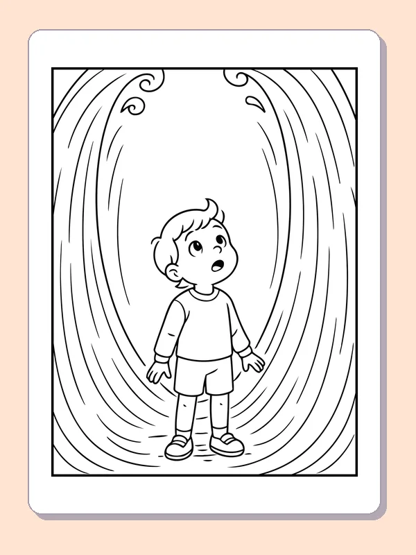 Black and white printable boy standing between high water walls coloring sheet