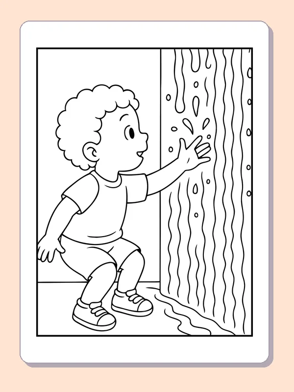 Black and white printable child reaching toward the water coloring sheet