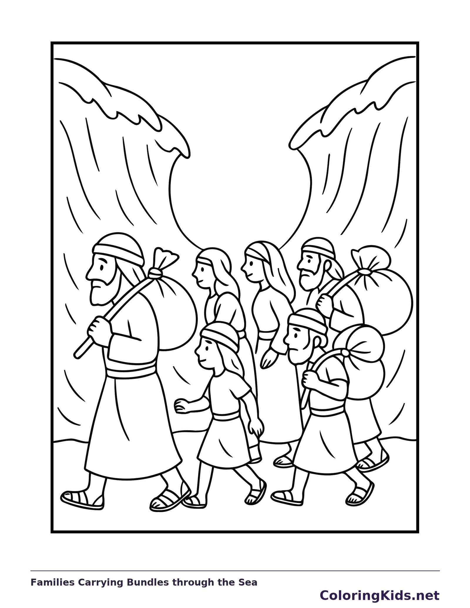 Black and white printable families carrying bundles through the sea coloring sheet