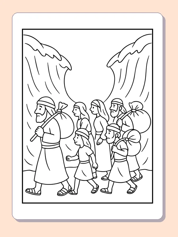 Black and white printable families carrying bundles through the sea coloring sheet