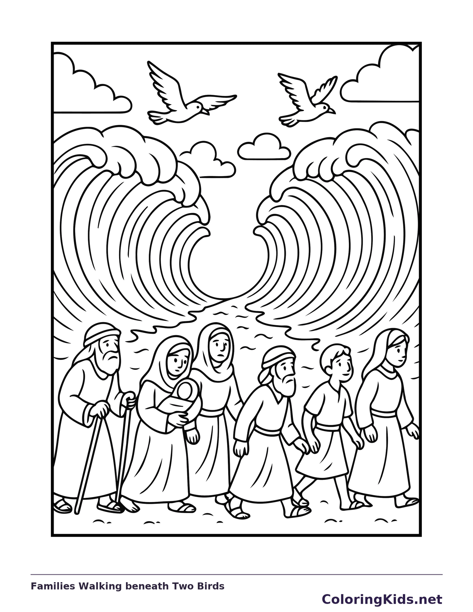 Black and white printable families walking beneath two birds coloring sheet