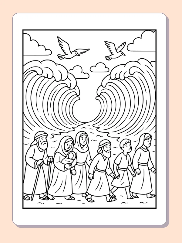 Black and white printable families walking beneath two birds coloring sheet