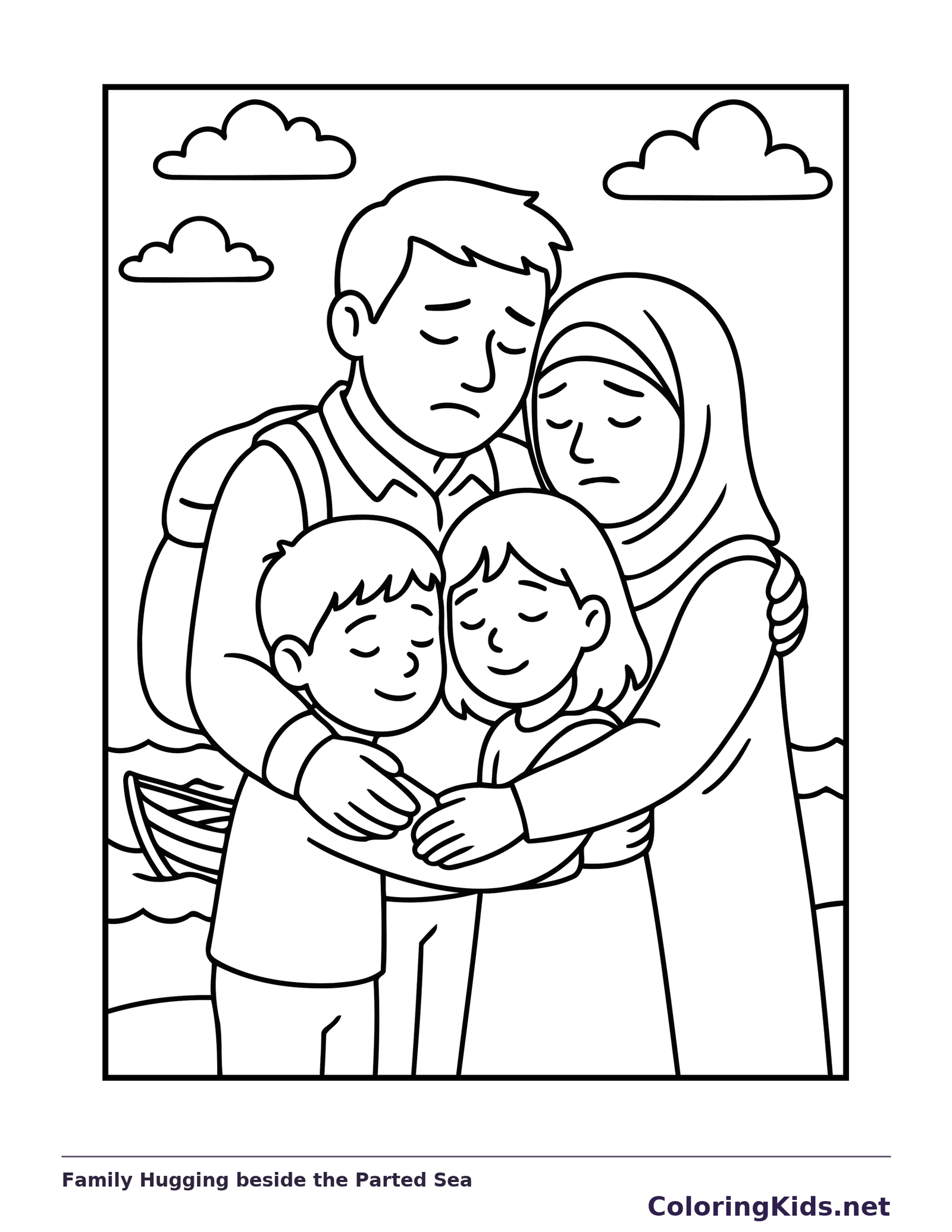 Black and white printable family hugging beside the parted sea coloring sheet