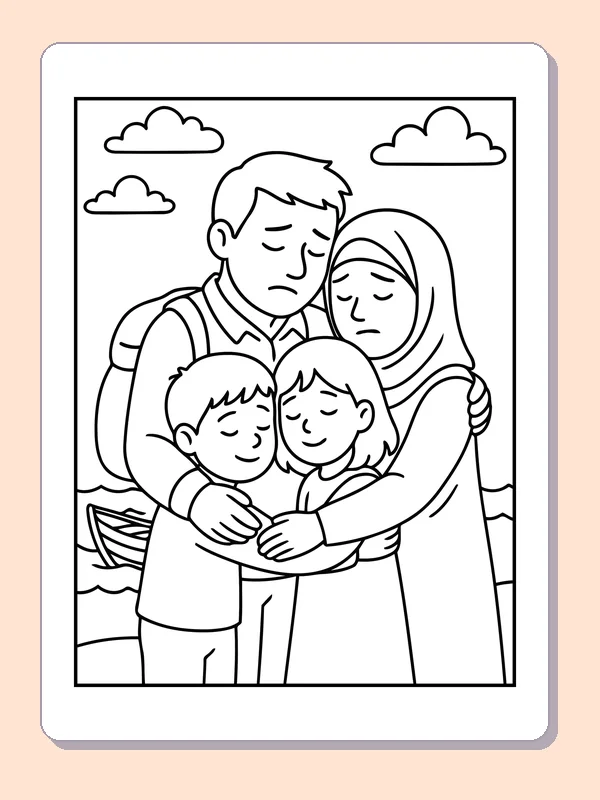 Black and white printable family hugging beside the parted sea coloring sheet