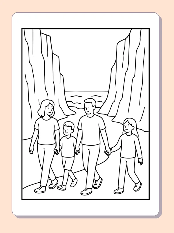 Black and white printable family walking between tall water walls coloring sheet