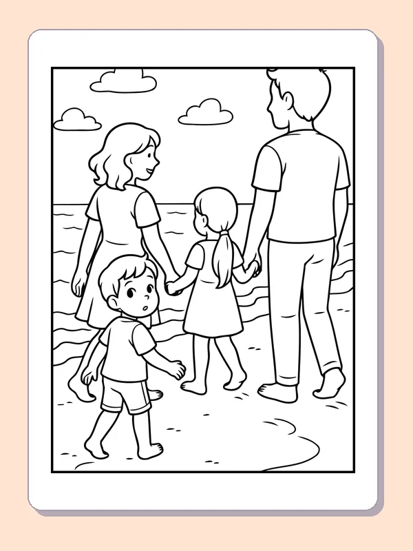 Black and white printable family walking toward the shore coloring sheet