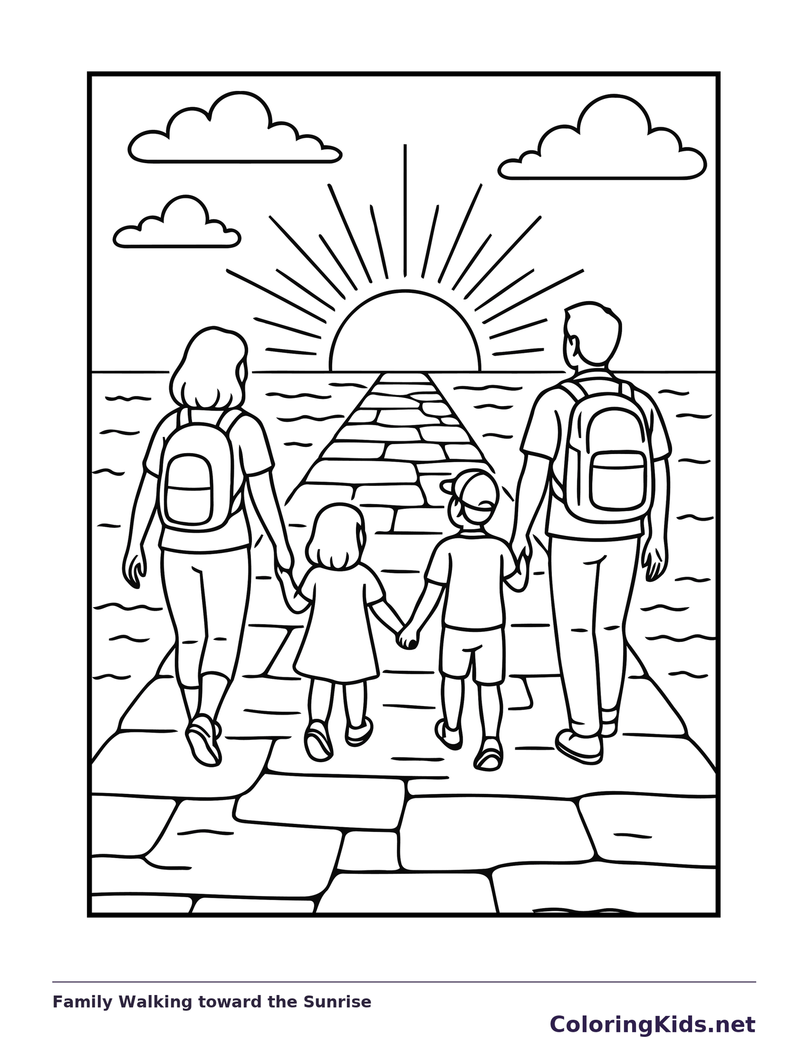Black and white printable family walking toward the sunrise coloring sheet