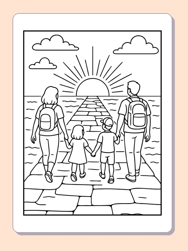 Black and white printable family walking toward the sunrise coloring sheet