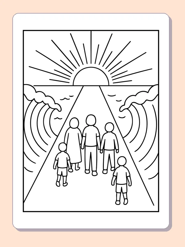 Black and white printable five travelers beneath a bright sun coloring sheet