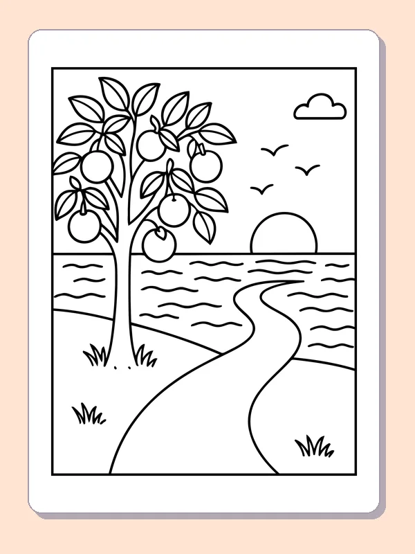Black and white printable fruit tree beside the sea path coloring sheet