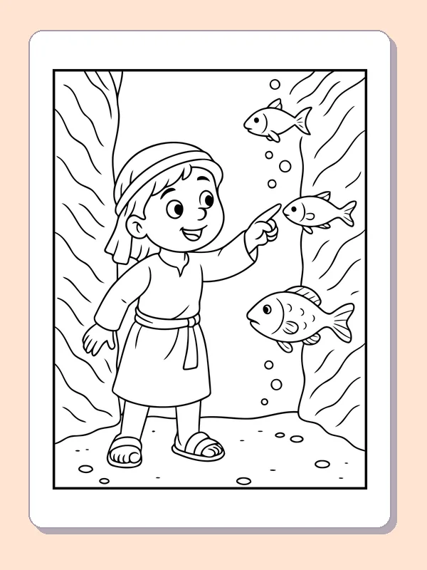 Black and white printable girl watching fish in the sea passage coloring sheet