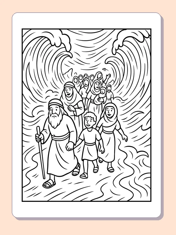 Black and white printable group following moses with a staff coloring sheet